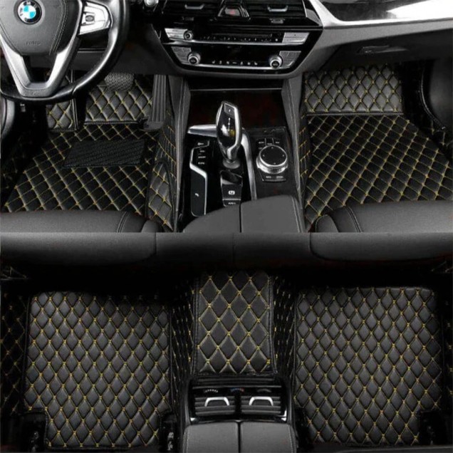 Black and Yellow Stitching Luxury Leather Diamond Car Mats Factory