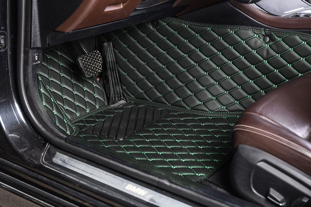 Black and Green Stitching Luxury Leather Diamond Car Mats Factory Outlet