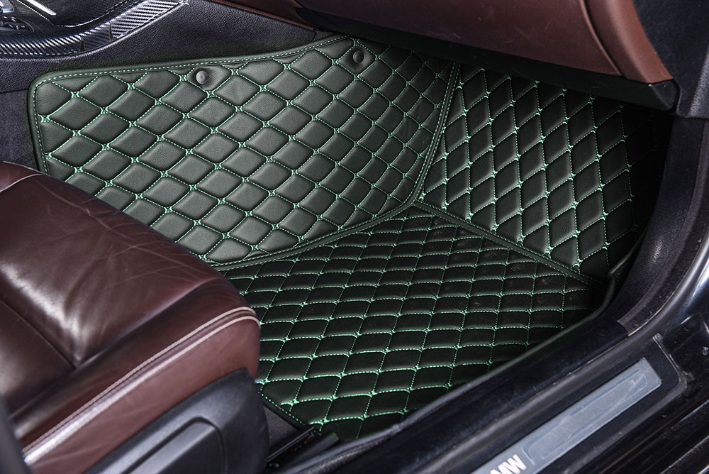 Black and Green Stitching Luxury Leather Diamonds Car Floor Mats Factory Outlet