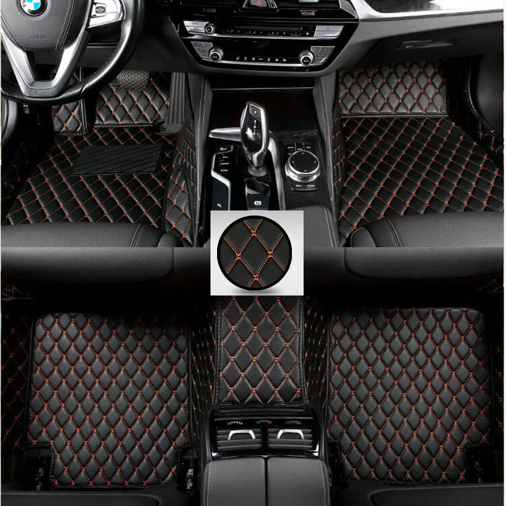 Black and Orange Stitching Luxury Leather Diamond Car Mats Factory Outlet