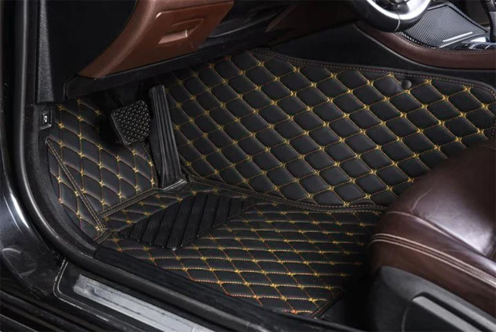 Black and Yellow Stitching Luxury Leather Diamond Car Mats Factory Outlet