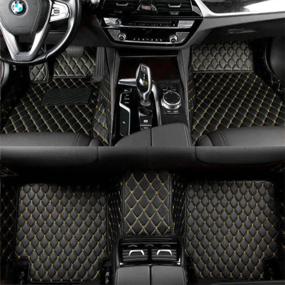 Black and Yellow Stitching Luxury Leather Diamond Car Mats Factory Outlet